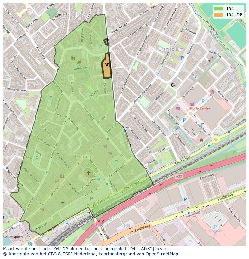 Afbeelding van het postcodegebied 1941 DP op de kaart.