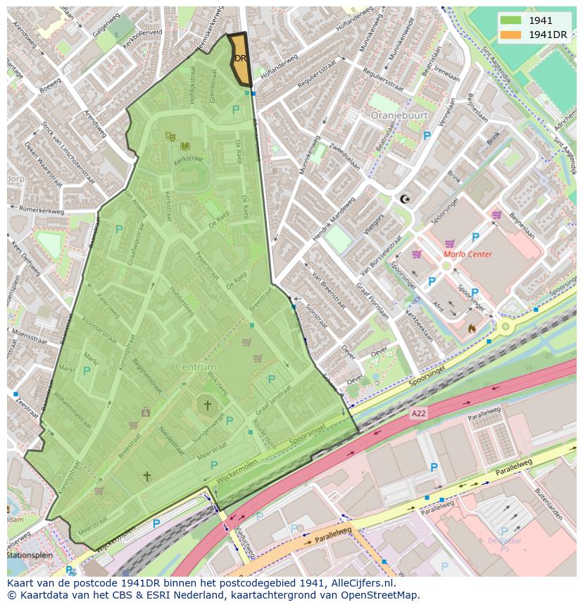 Afbeelding van het postcodegebied 1941 DR op de kaart.