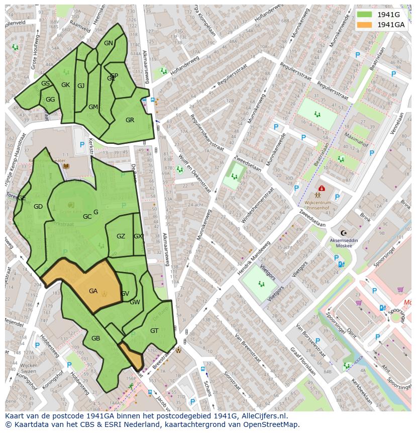 Afbeelding van het postcodegebied 1941 GA op de kaart.