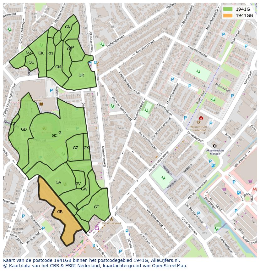 Afbeelding van het postcodegebied 1941 GB op de kaart.