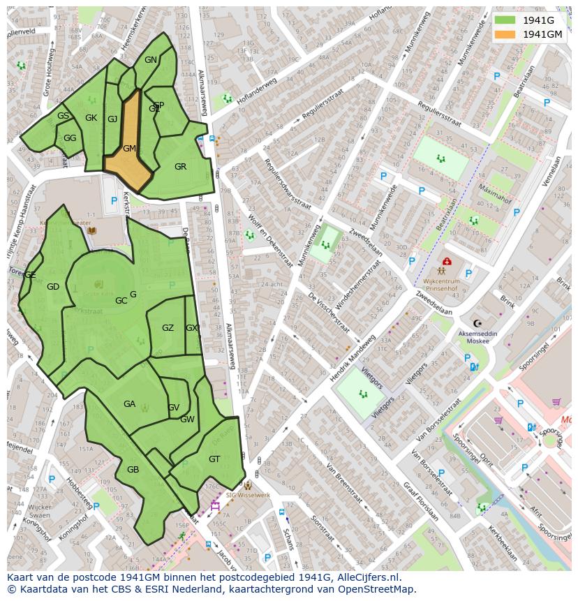 Afbeelding van het postcodegebied 1941 GM op de kaart.