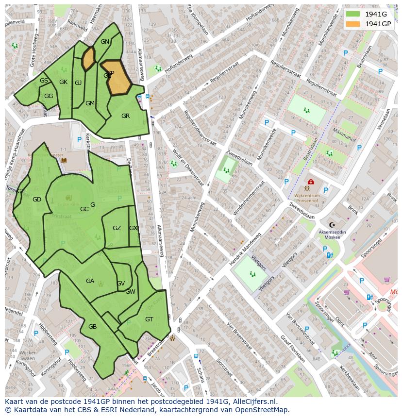Afbeelding van het postcodegebied 1941 GP op de kaart.