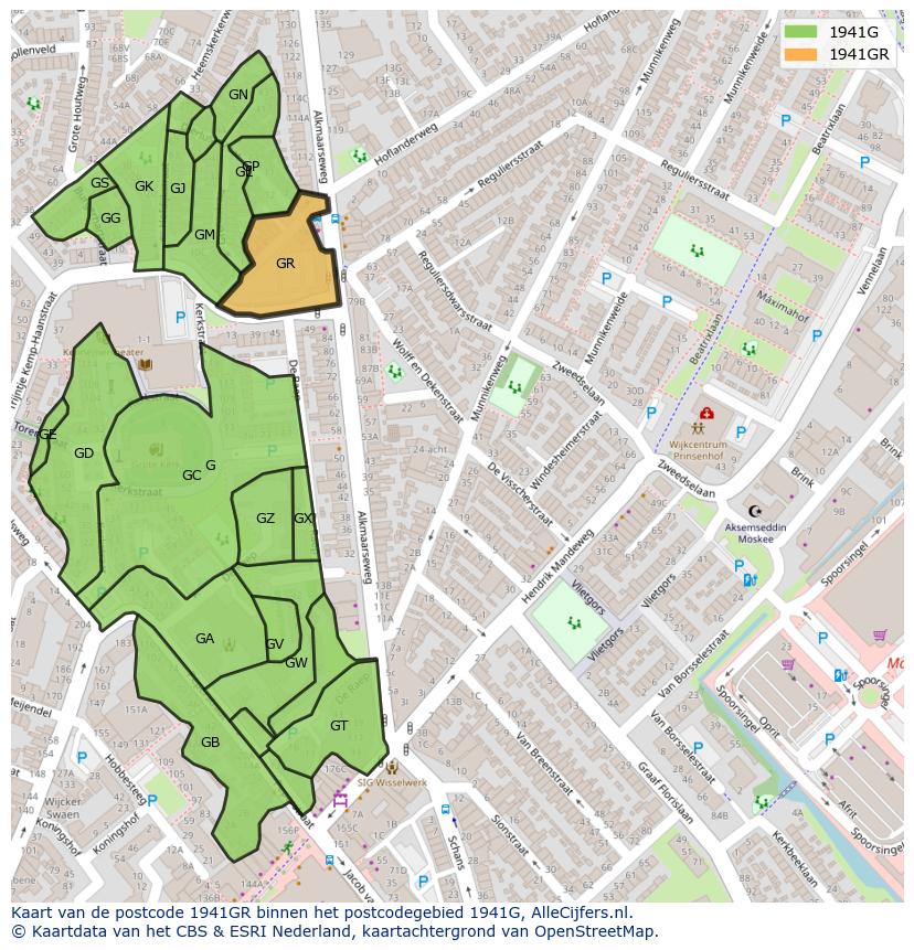 Afbeelding van het postcodegebied 1941 GR op de kaart.