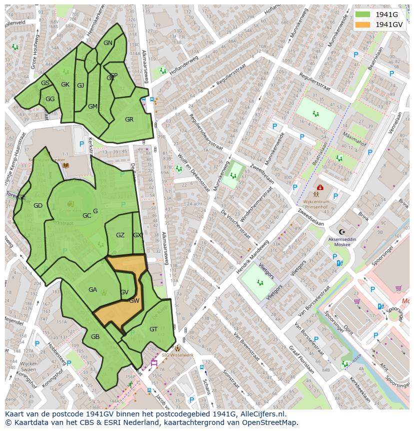 Afbeelding van het postcodegebied 1941 GV op de kaart.