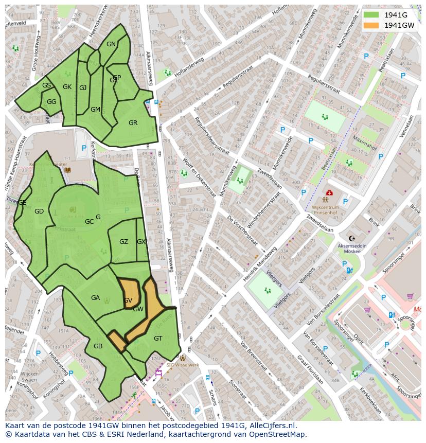Afbeelding van het postcodegebied 1941 GW op de kaart.
