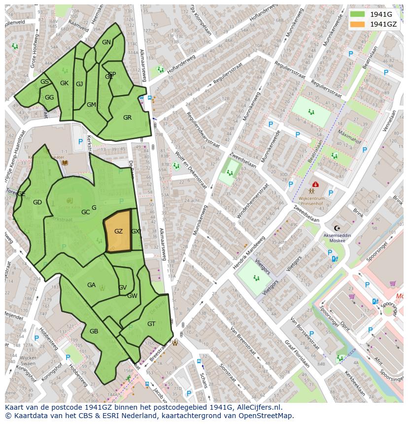 Afbeelding van het postcodegebied 1941 GZ op de kaart.
