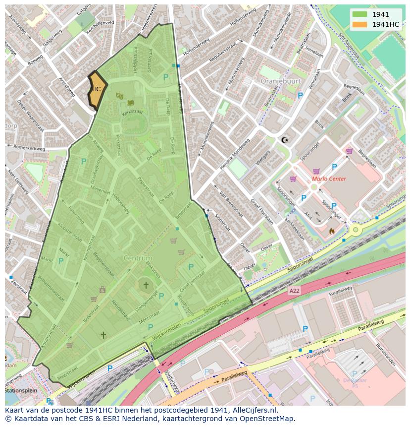 Afbeelding van het postcodegebied 1941 HC op de kaart.