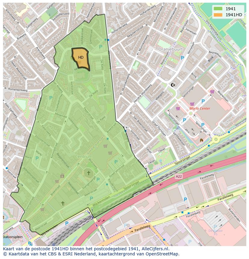 Afbeelding van het postcodegebied 1941 HD op de kaart.
