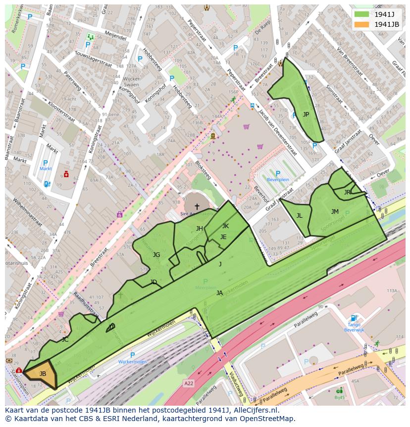 Afbeelding van het postcodegebied 1941 JB op de kaart.