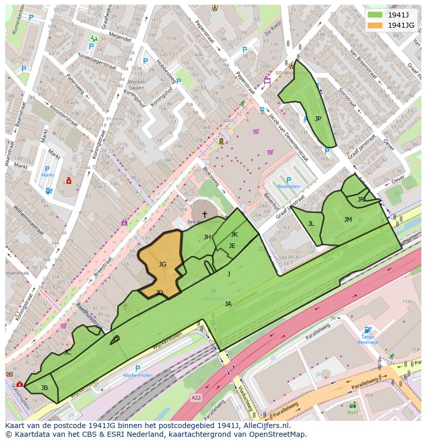 Afbeelding van het postcodegebied 1941 JG op de kaart.