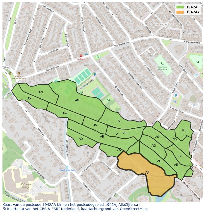 Afbeelding van het postcodegebied 1942 AA op de kaart.