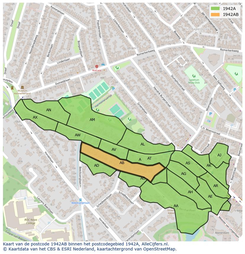 Afbeelding van het postcodegebied 1942 AB op de kaart.