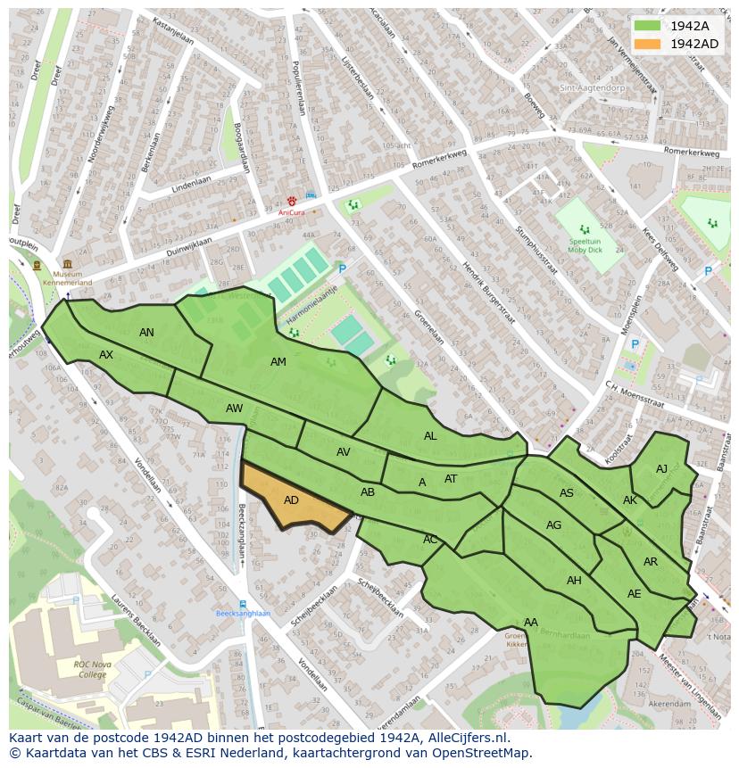 Afbeelding van het postcodegebied 1942 AD op de kaart.