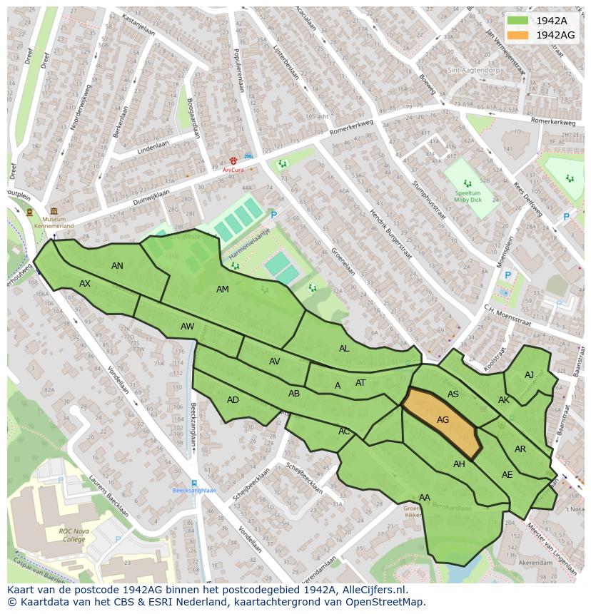 Afbeelding van het postcodegebied 1942 AG op de kaart.