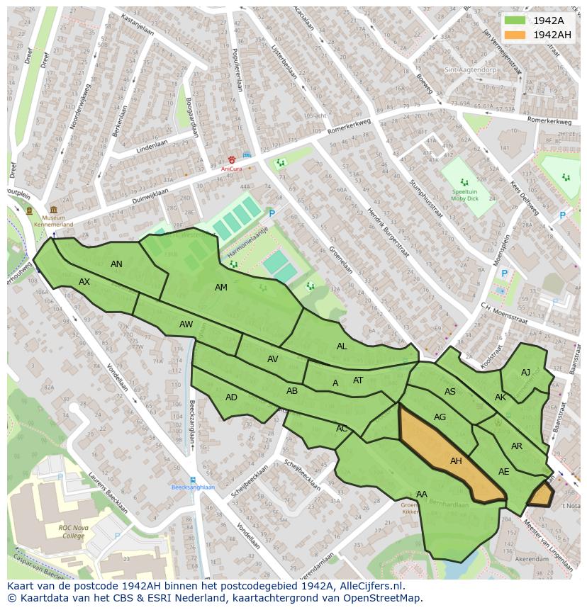 Afbeelding van het postcodegebied 1942 AH op de kaart.