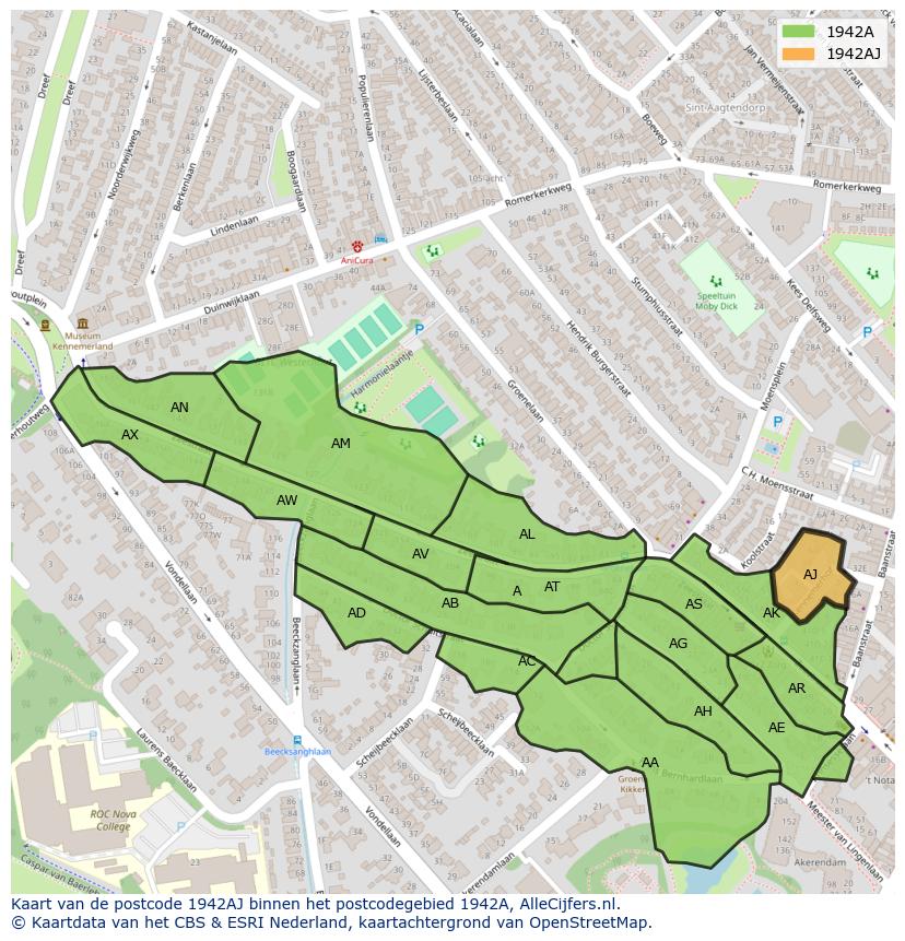 Afbeelding van het postcodegebied 1942 AJ op de kaart.