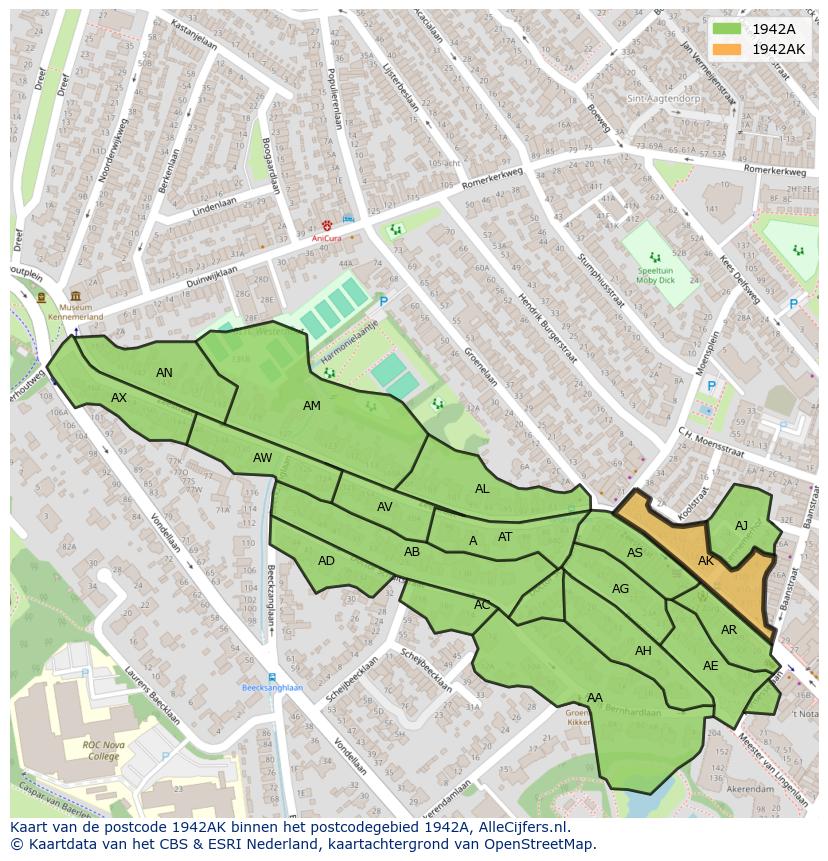 Afbeelding van het postcodegebied 1942 AK op de kaart.
