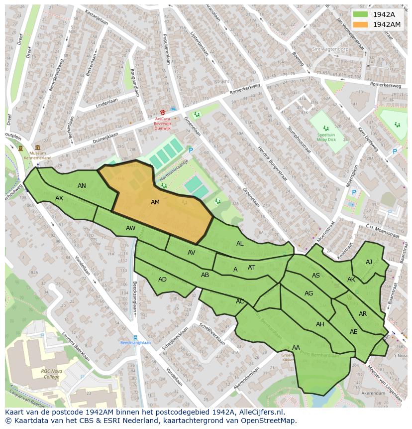 Afbeelding van het postcodegebied 1942 AM op de kaart.