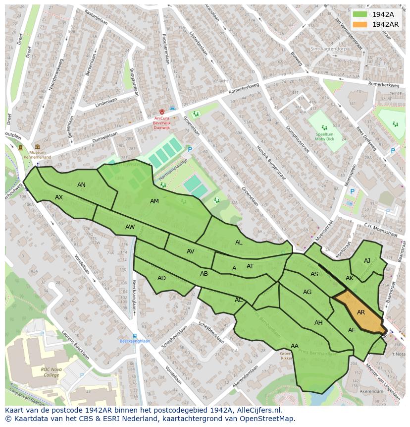Afbeelding van het postcodegebied 1942 AR op de kaart.