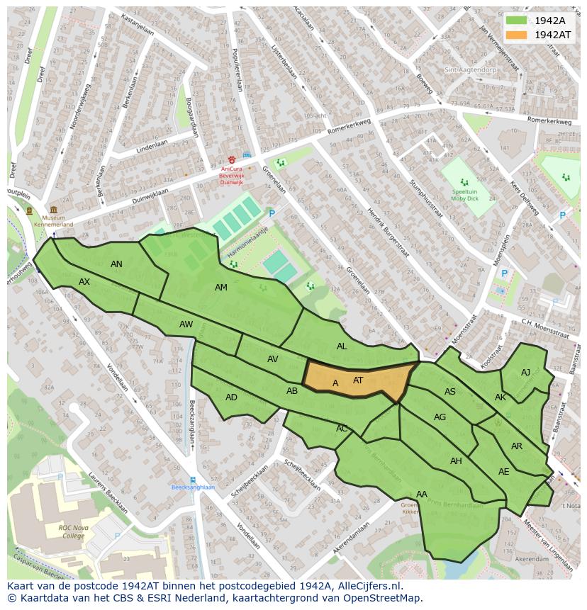 Afbeelding van het postcodegebied 1942 AT op de kaart.