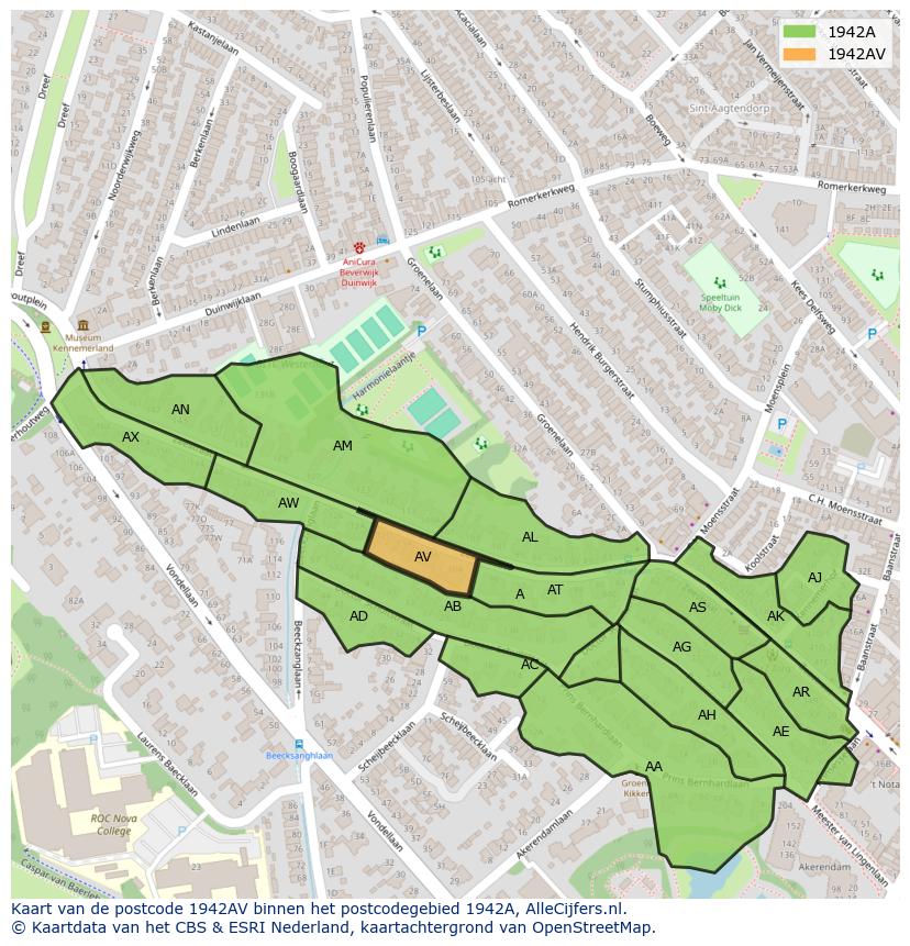 Afbeelding van het postcodegebied 1942 AV op de kaart.