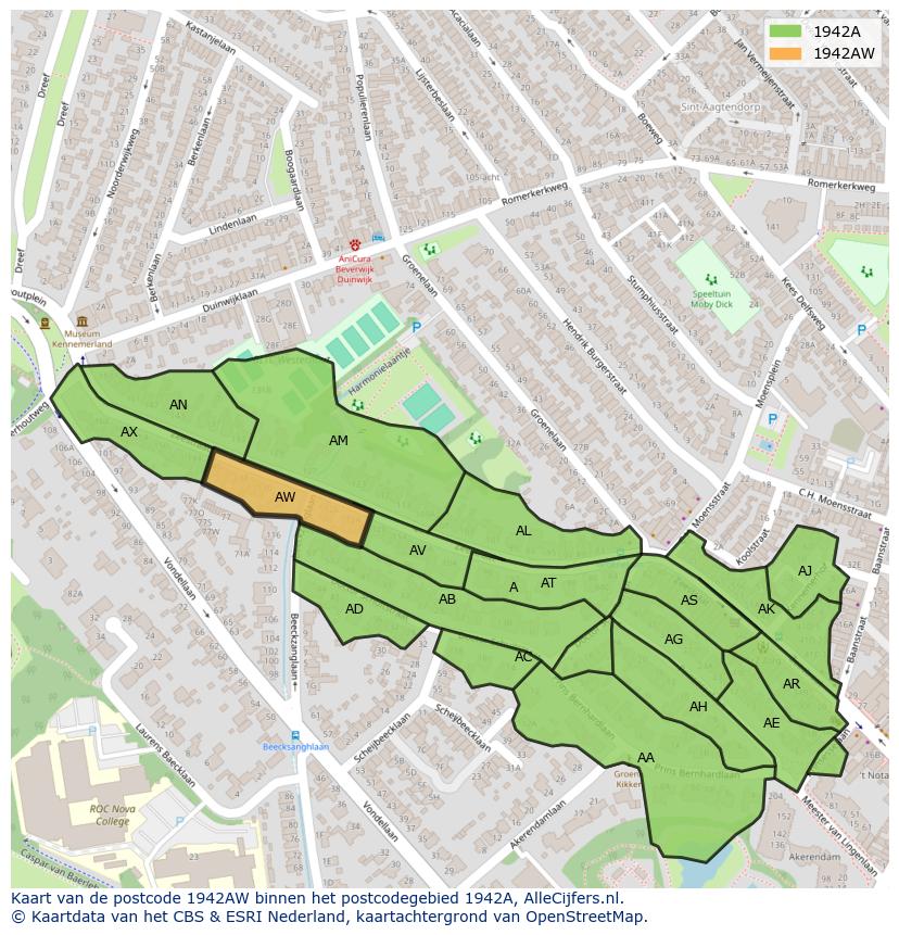 Afbeelding van het postcodegebied 1942 AW op de kaart.