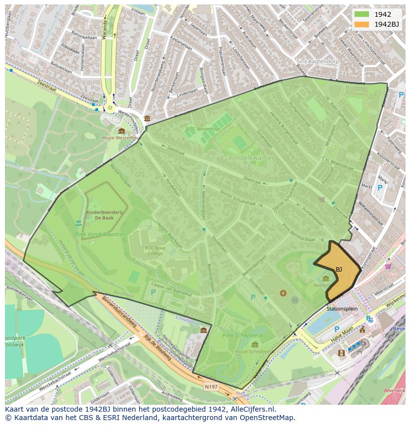 Afbeelding van het postcodegebied 1942 BJ op de kaart.