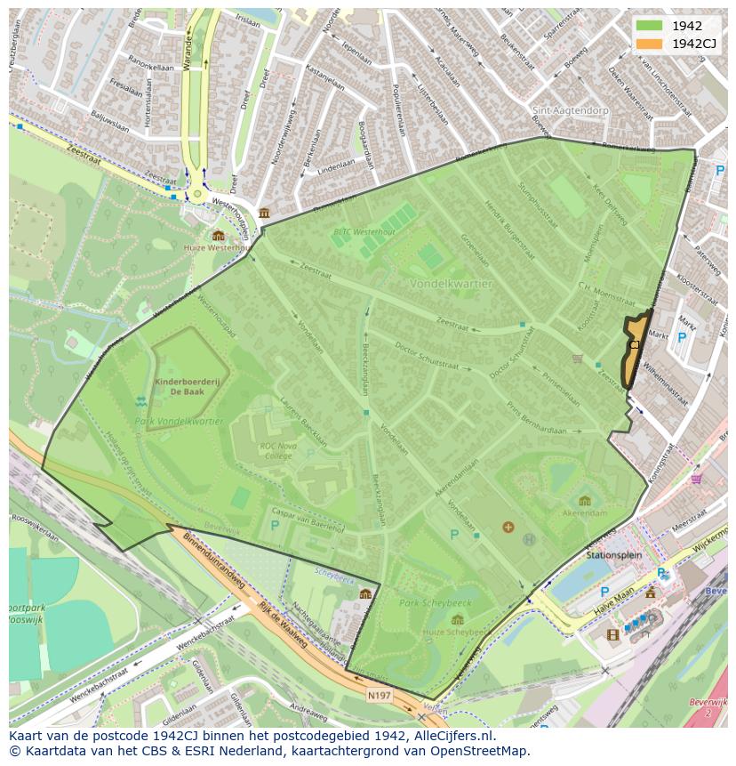 Afbeelding van het postcodegebied 1942 CJ op de kaart.