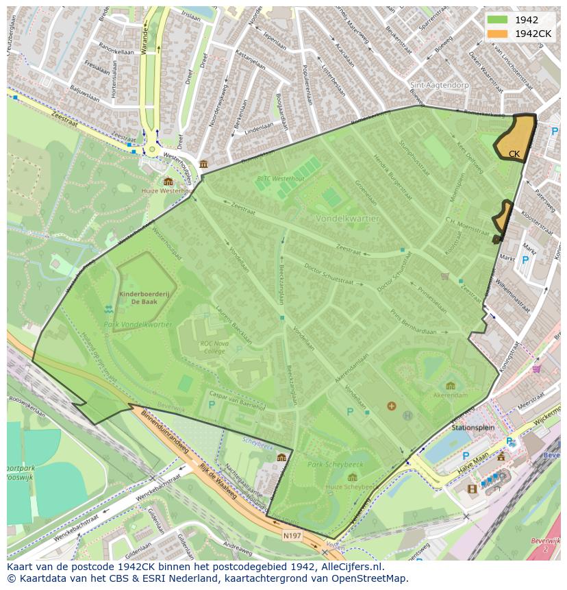 Afbeelding van het postcodegebied 1942 CK op de kaart.