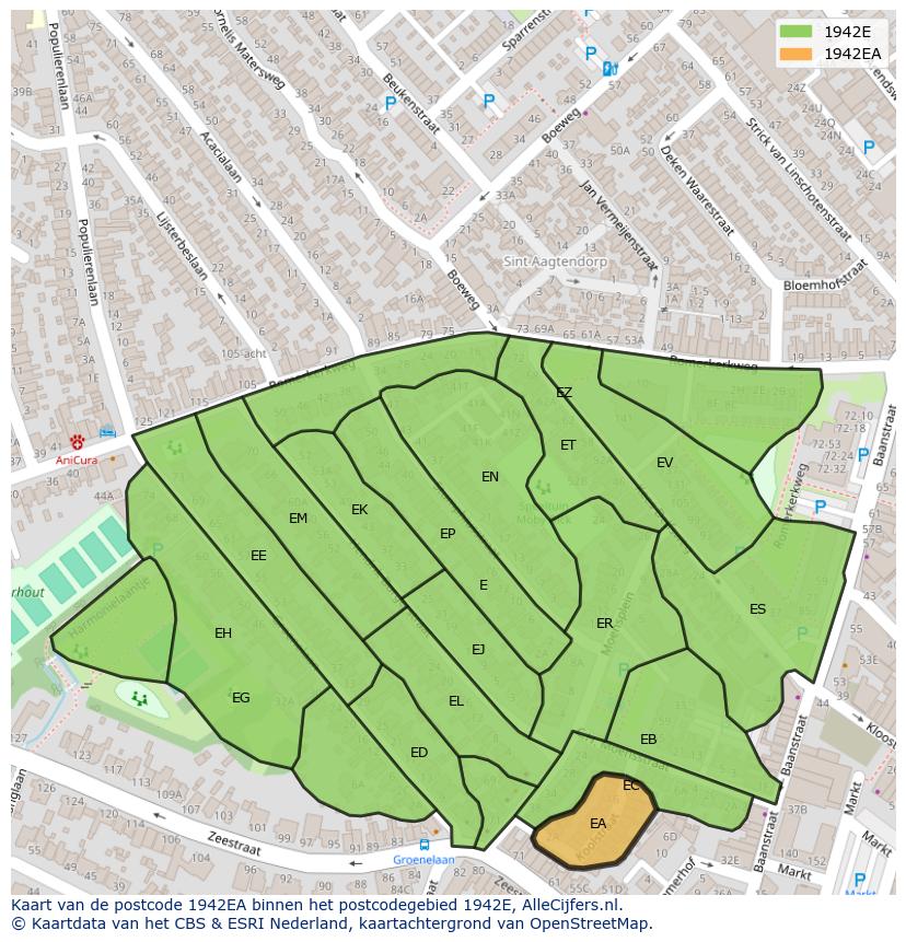 Afbeelding van het postcodegebied 1942 EA op de kaart.