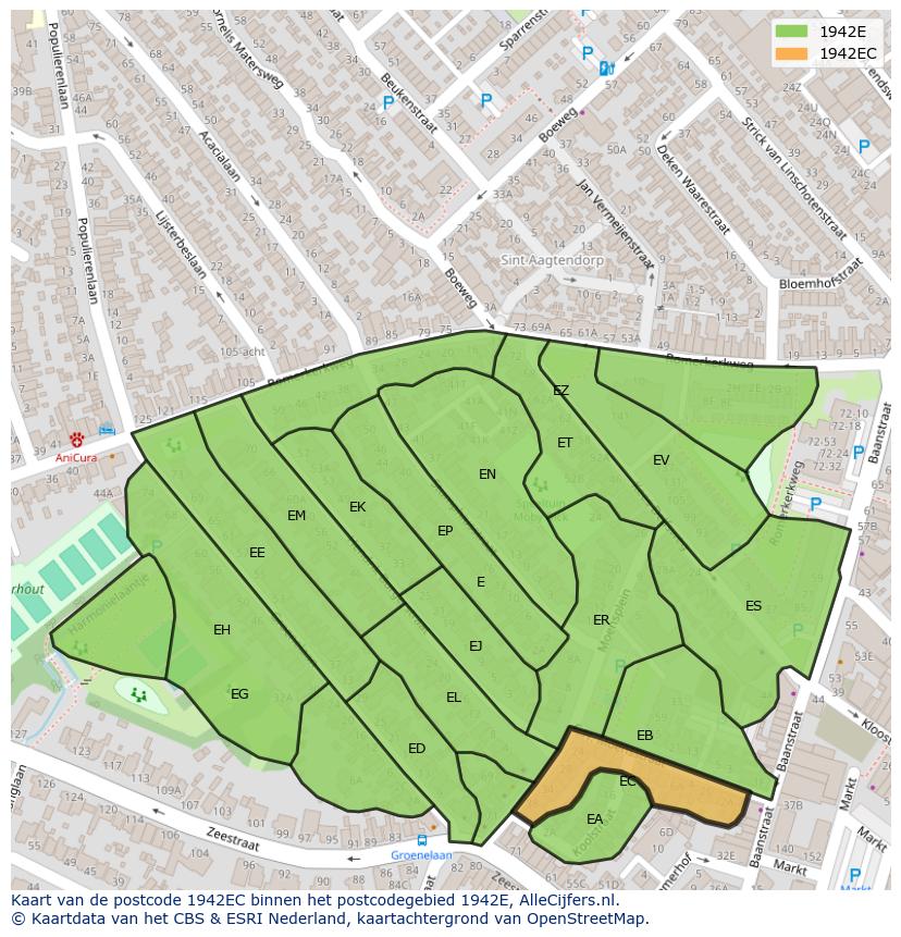 Afbeelding van het postcodegebied 1942 EC op de kaart.