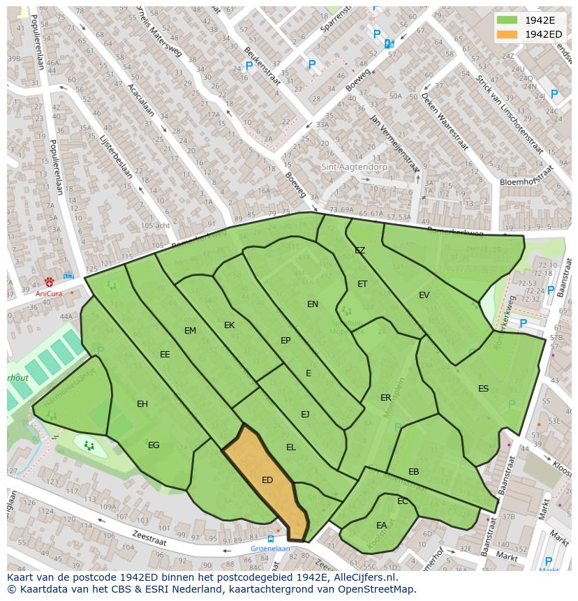 Afbeelding van het postcodegebied 1942 ED op de kaart.