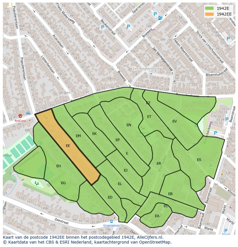 Afbeelding van het postcodegebied 1942 EE op de kaart.