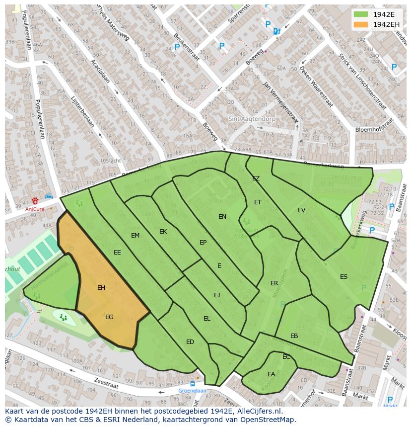 Afbeelding van het postcodegebied 1942 EH op de kaart.