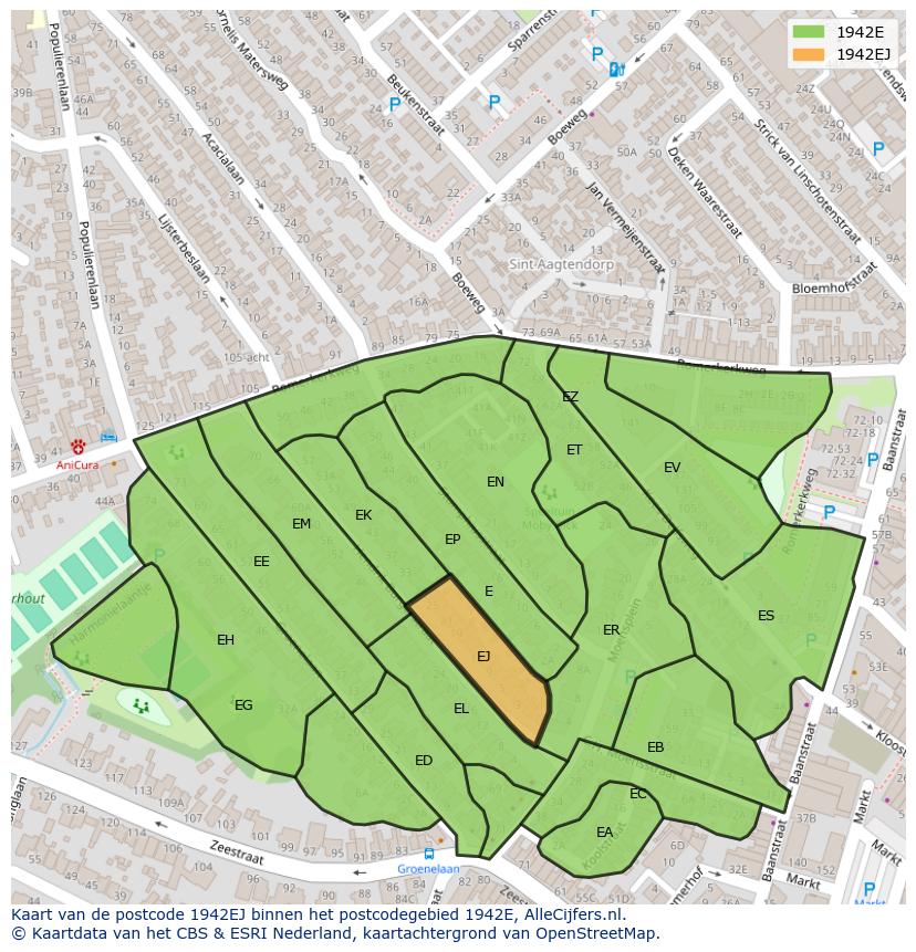 Afbeelding van het postcodegebied 1942 EJ op de kaart.