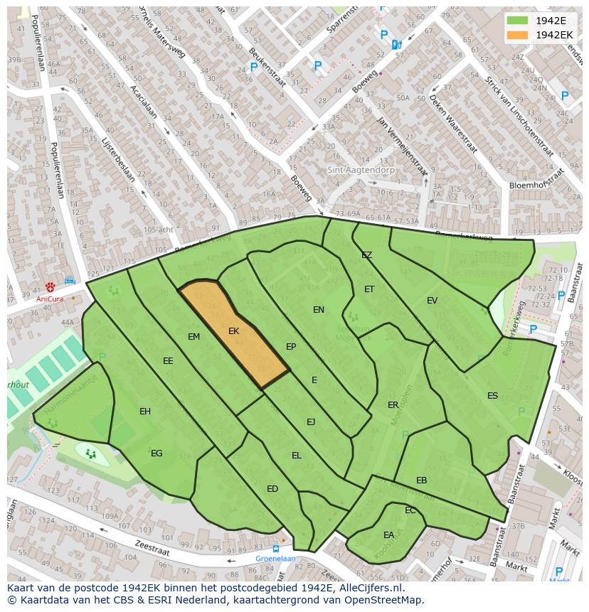 Afbeelding van het postcodegebied 1942 EK op de kaart.