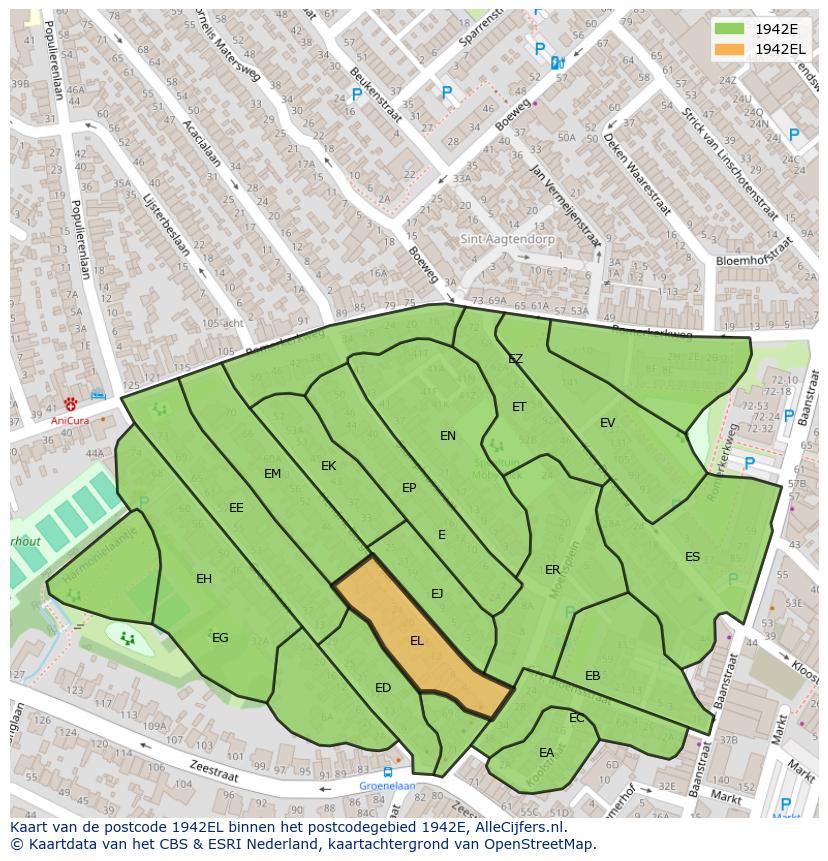 Afbeelding van het postcodegebied 1942 EL op de kaart.