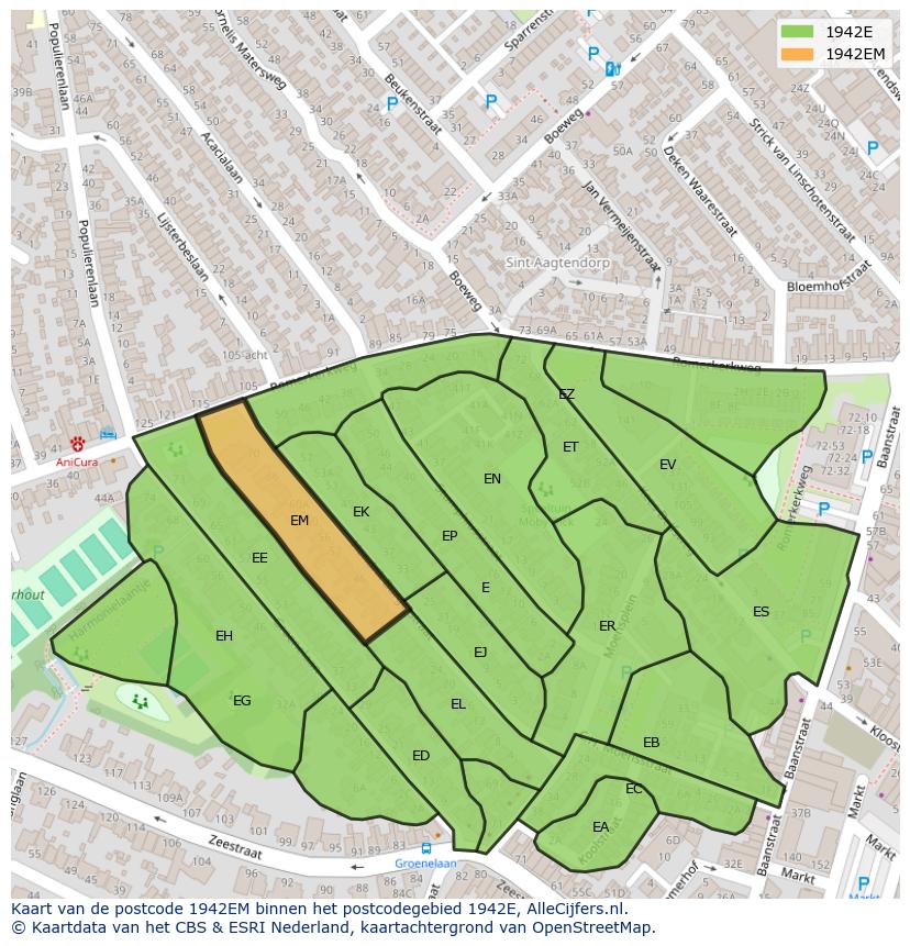 Afbeelding van het postcodegebied 1942 EM op de kaart.