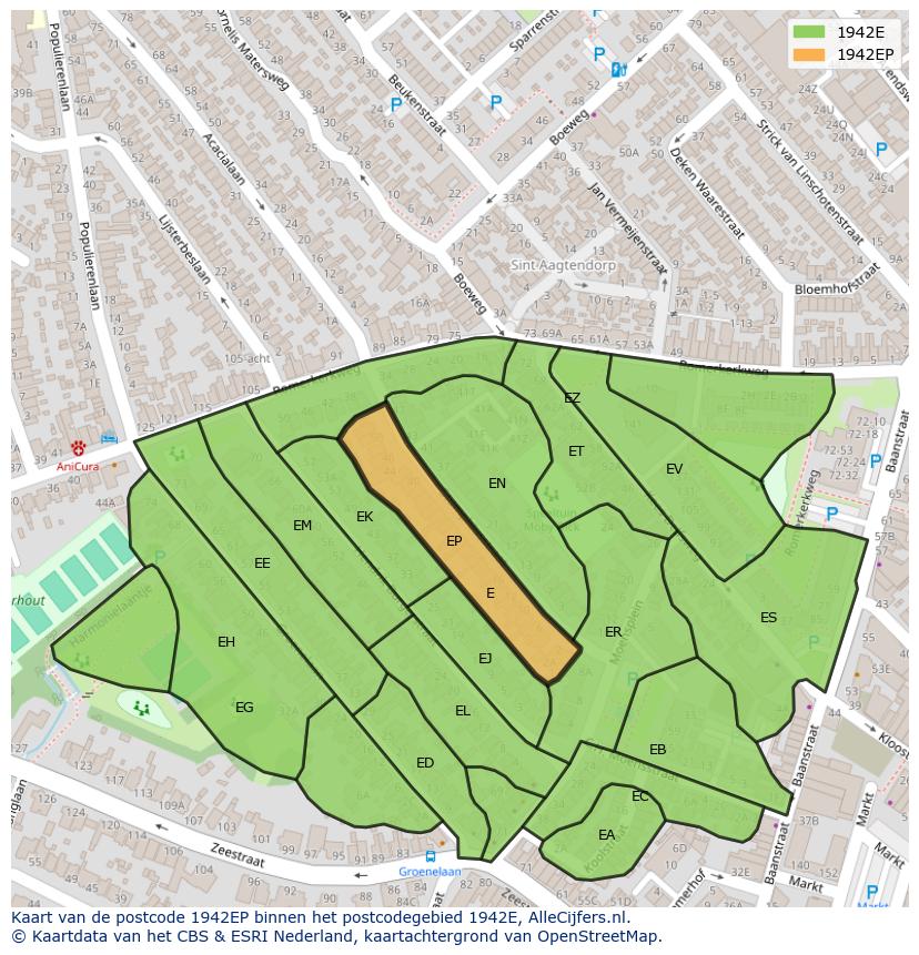 Afbeelding van het postcodegebied 1942 EP op de kaart.
