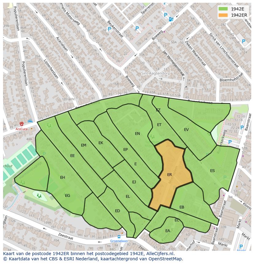 Afbeelding van het postcodegebied 1942 ER op de kaart.