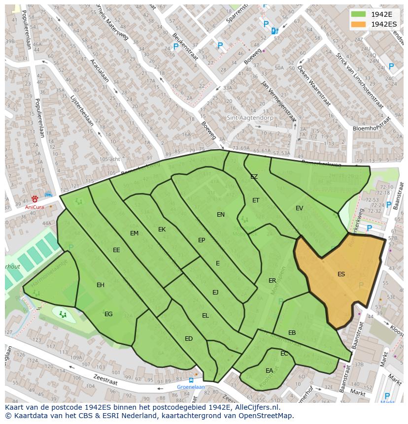 Afbeelding van het postcodegebied 1942 ES op de kaart.