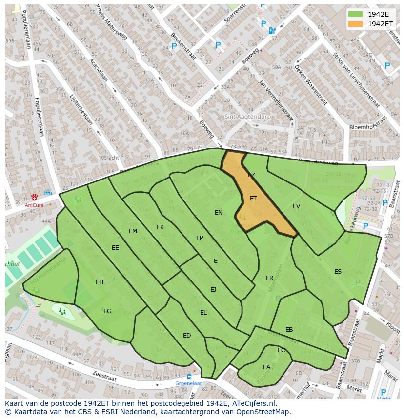 Afbeelding van het postcodegebied 1942 ET op de kaart.