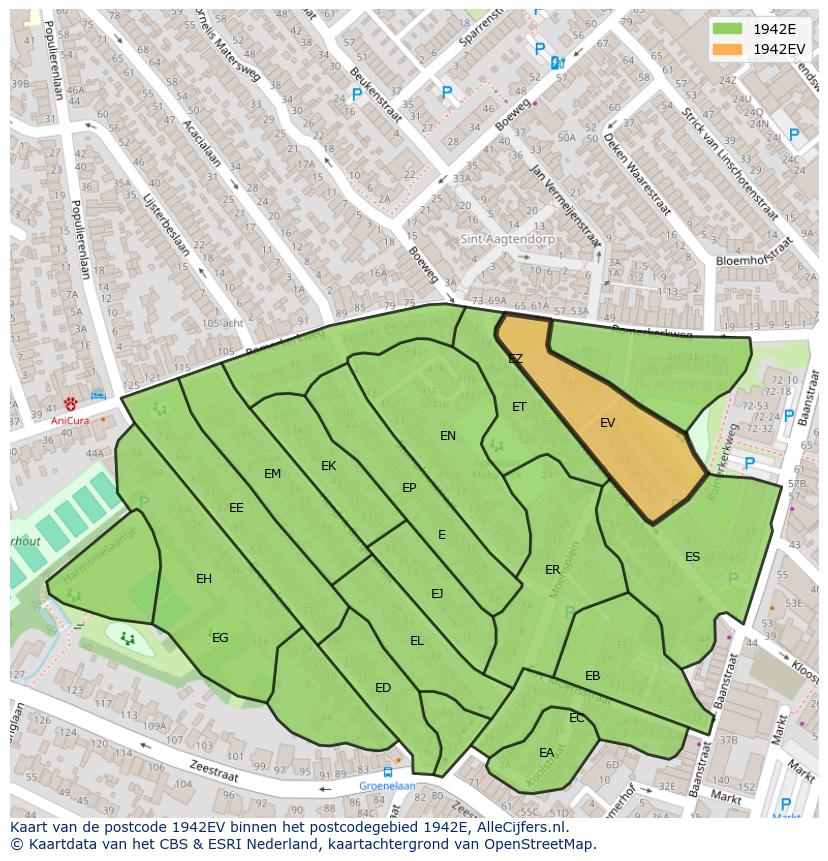 Afbeelding van het postcodegebied 1942 EV op de kaart.