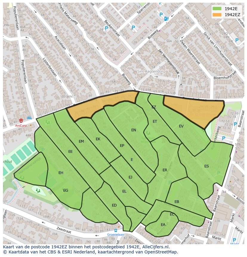 Afbeelding van het postcodegebied 1942 EZ op de kaart.