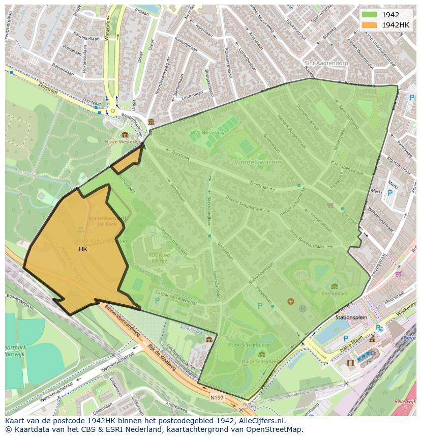 Afbeelding van het postcodegebied 1942 HK op de kaart.
