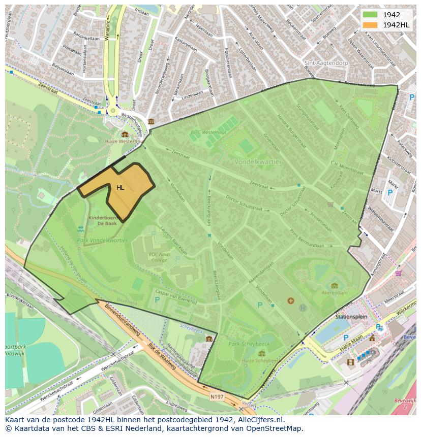 Afbeelding van het postcodegebied 1942 HL op de kaart.