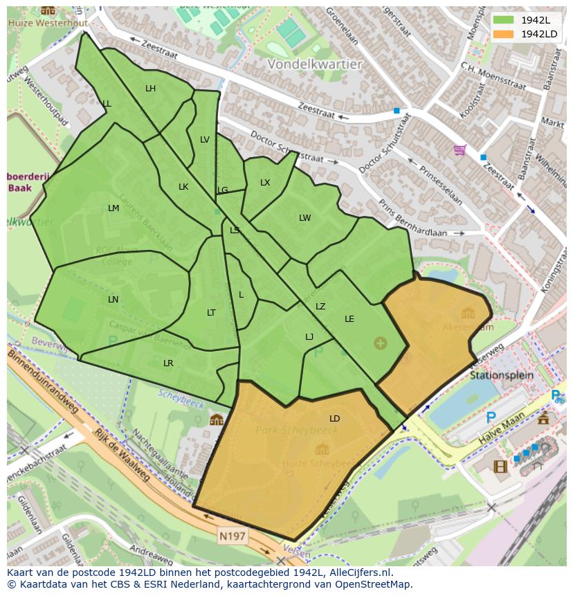 Afbeelding van het postcodegebied 1942 LD op de kaart.