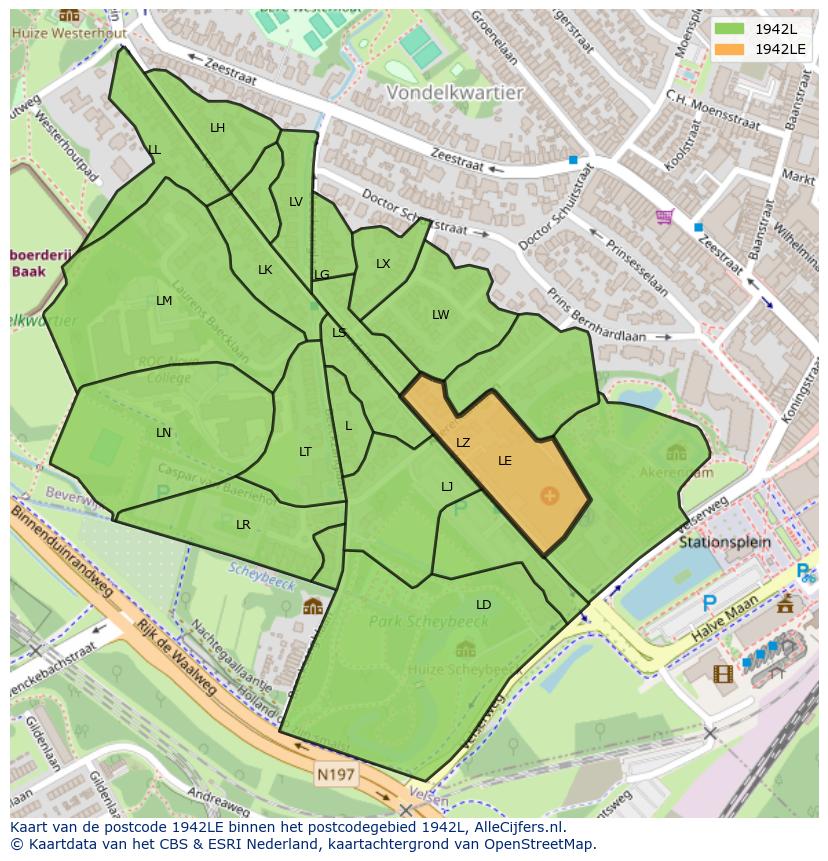 Afbeelding van het postcodegebied 1942 LE op de kaart.
