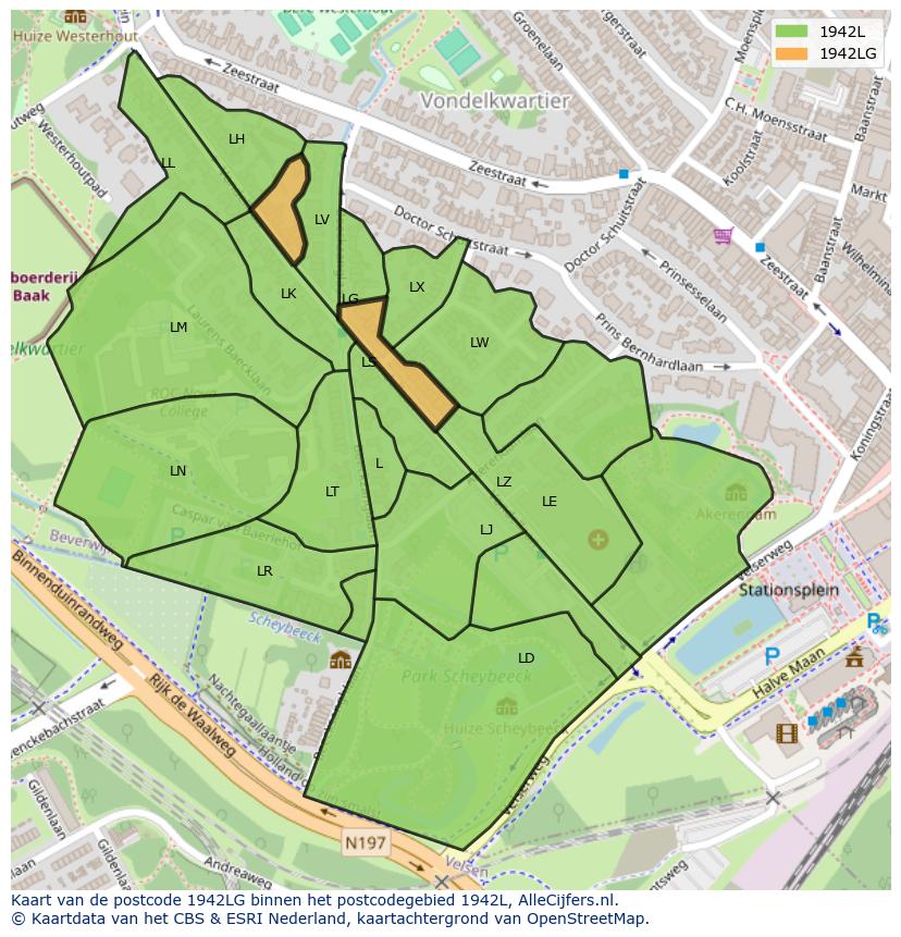 Afbeelding van het postcodegebied 1942 LG op de kaart.