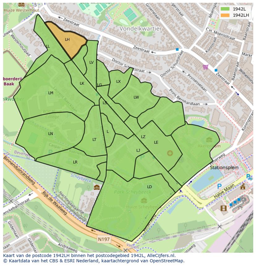 Afbeelding van het postcodegebied 1942 LH op de kaart.